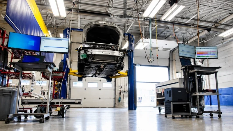 Vehicle undergoing pre-repair diagnostic inspection and systems evaluation at DCR Systems Mentor